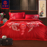 婚庆四件套大红色刺绣龙凤床上用品结婚全棉床单被套件新婚庆床品
