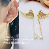 韩国正品代购进口纯14K黄金耳环 天使之翼锆石纯金耳线耳扣耳环女