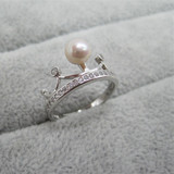 S925纯银锆石天然淡水珍珠开口戒指可调节大小指环公主心皇冠戒指