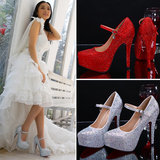 尖头婚鞋防水台白色高跟鞋伴娘水晶鞋婚纱鞋中跟新娘鞋红色单鞋女