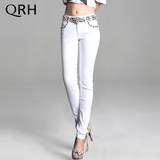 QRH秋季白色牛仔裤女小脚裤 豹纹修身显瘦中腰弹力铅笔长裤子Q14