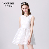 时尚印记2016夏季新品韩版白色连衣裙高腰显瘦修身蓬蓬裙小礼服女