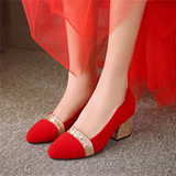 2016春季结婚鞋女士红色新娘鞋大小码粗跟中跟婚礼红鞋单鞋女鞋子