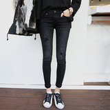 韩国代购女装正品2015冬装新款KO酷黑时尚磨破做旧黑瘦小脚牛仔裤