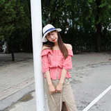 韩版学生红色格子吊带一字领荷叶边露肩甜美收腰五分袖衬衫女装夏