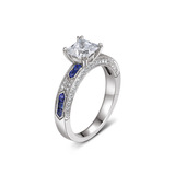 S925纯银Blue蓝色钻戒群镶 巴洛克蓝宝石排钻公主方主钻戒指