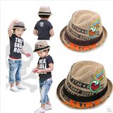韩版儿童帽子绣贴标麻草帽礼帽 爵士帽草编帽男女宝宝帽