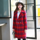 2015冬季新款女装英伦风复古格子毛呢外套韩版中长款翻领呢大衣潮