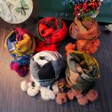 秋冬女童韩国英伦格子羊绒围巾兔毛球球韩版保暖加厚款可亲子