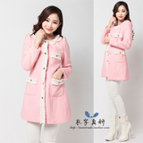 2014韩版粉红色蕾丝中长款羊毛呢外套女士修身显瘦通勤羊毛尼大衣