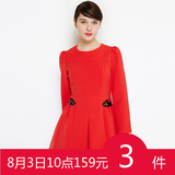 三彩2016春装新款 高腰水钻亮片红色显瘦长袖连衣裙女S51