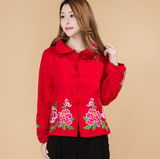 2015新款民族风绣花外套 中式立领棉麻文艺女装 中国风风衣上衣