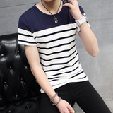 男士短袖T恤 夏季条纹圆领t纯棉修身青少年学生韩版夏天海魂衫潮