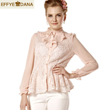 粉红 专柜正品1432品牌女装冬蕾丝衬衫修身荷叶拼接雪长袖