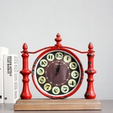 欧式美式乡村地中海复古做旧实木底座红色铁艺座钟摆钟装饰摆件