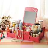 艾雅化妆品收纳盒木质带镜子创意梳妆台桌面整理盒子带抽屉储物盒