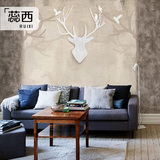 蕊西 欧式复古个性鹿头手绘壁画墙纸 定制抽象艺术电视背景墙壁纸