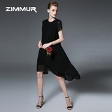 ZIMMUR2016夏季新款女装圆领短袖时尚气质前短后长雪纺连衣裙长裙