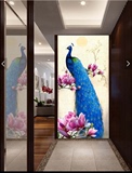 玄关竖版孔雀壁画过道花开富贵背景墙纸布走廊壁纸现代中式装饰画