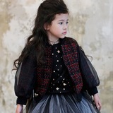 韩国韩版童装女童粗纺棉衣花呢大衣儿童欧根纱袖加厚夹克公主外套
