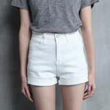 布若波啦韩国夏季新款紧身弹力显瘦白色高腰牛仔短裤女卷边热裤子