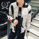 秋季韩版男青年个性印花短款夹克衫 潮流男士棒球领修身外套男装