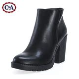 C＆A女式黑色圆头短靴 简约中跟马丁靴CA200163011