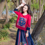 尤瑾2016新款民族风女装春夏装中式复古刺绣长袖T恤中国风上衣女