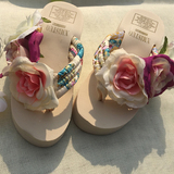 泰国女海边度假花朵夏季坡跟夹脚拖鞋沙滩拖鞋凉鞋波西米亚人字拖