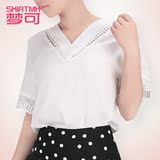 短袖T恤女2016夏季新款007宽松韩版中长款休闲白色蕾丝上衣打底衫