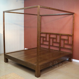 新中式老榆木实木床卧室1.8米双人大床复古镂空雕花架子床 定制