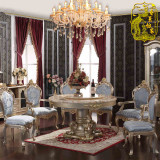 欧式餐桌实木雕花圆形饭桌香槟色圆桌天然大理石餐桌椅组合