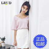 LRUD2016夏季新款韩版V领蕾丝花边拼接短袖T恤女宽松纯色打底衫