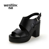 Westlink西遇夏季新款百搭真皮一字扣带凉鞋粗跟超高跟女鞋单鞋