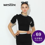 Westlink西遇2016春季新款 黑白撞色修身短款针织上衣短袖女T恤