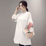2016夏季新款欧洲站白衬衫女刺绣七分袖中长款衬衣 ww3691