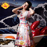 密扇新款女装2016夏中国风印花连衣裙复古修身原创设计师品牌裙子