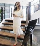 韩国2016春装新款女装大码修身显瘦荷叶领百褶雪纺连衣裙夏季长裙