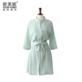2016夏季新款小清新系带中长款纯色衬衫女长袖韩版修身显瘦连衣裙