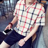 佐面夏天韩版男装格子修身短袖T恤男士撞色休闲体恤日系潮男小衫
