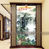 中式山水画艺术玻璃玄关过道背景墙屏风隔断钢化背景墙 流水生财
