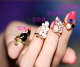 韩国夸张猫咪珍珠花朵满钻护甲套指甲套关节指甲戒指女开口饰品 P