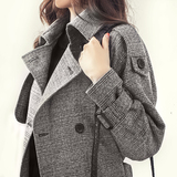 韩国2015新款 风衣女中长款秋冬外套 宽松大码 长袖格子插肩袖