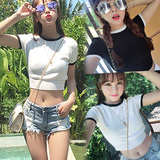 2016夏季韩版修身高腰露脐短款针织T恤上衣女漏肚脐aa显瘦短袖T恤