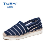 Tt&Mm/汤姆斯女鞋夏季条纹平底镂空帆布鞋增高厚底透气松糕鞋
