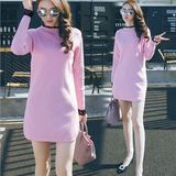 2015韩国东大门代购冬装新款蕾丝拼接打底针织衫粉色长袖连衣裙女