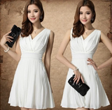 韩国代购2016夏季新款女装 韩版修身显瘦气质高腰V领白雪纺连衣裙