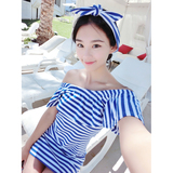 2015夏季沙滩度假蓝白条纹露肩显瘦一字肩领荷叶边女短渡假连衣裙