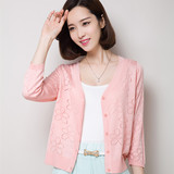 韩版修身纯色七分袖短款镂空针织衫女开衫薄外套披肩夏百搭空调衫