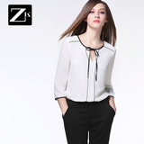 ZK2016春装新款蝴蝶结系带时尚雪纺衬衫女装简约百搭修身白色衬衣